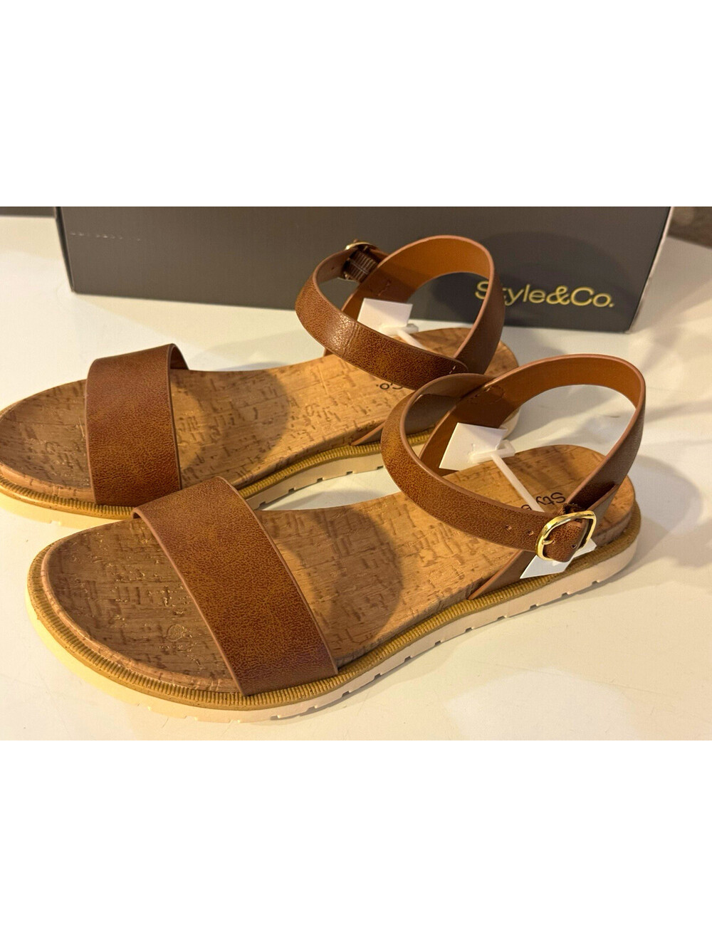 Style & Co Women Brown Ankle Strap Flat Sandals Cork Footbed Size 7 New Box